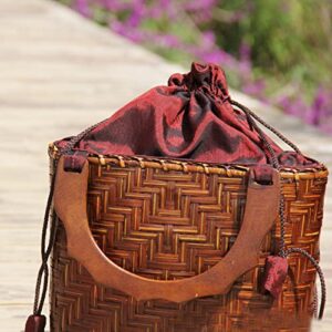 QTKJ Straw Bag for Women, Summer Beach Handmade Rattan Tote Bag, Round Wooden Handle, Boho Retro Straw Woven Handbag, Large Capacity Beach Bag for Vacation Daily