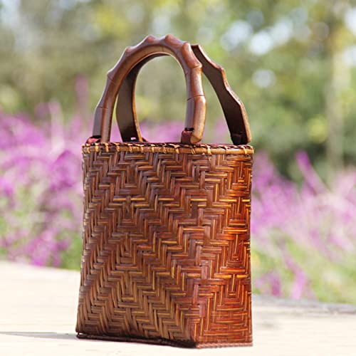 QTKJ Straw Bag for Women, Summer Beach Handmade Rattan Tote Bag, Round Wooden Handle, Boho Retro Straw Woven Handbag, Large Capacity Beach Bag for Vacation Daily