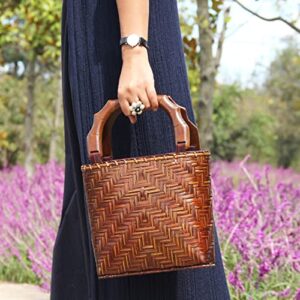 QTKJ Straw Bag for Women, Summer Beach Handmade Rattan Tote Bag, Round Wooden Handle, Boho Retro Straw Woven Handbag, Large Capacity Beach Bag for Vacation Daily