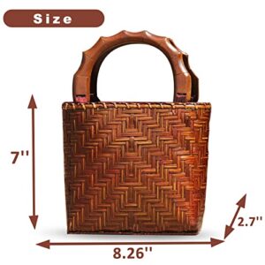 QTKJ Straw Bag for Women, Summer Beach Handmade Rattan Tote Bag, Round Wooden Handle, Boho Retro Straw Woven Handbag, Large Capacity Beach Bag for Vacation Daily