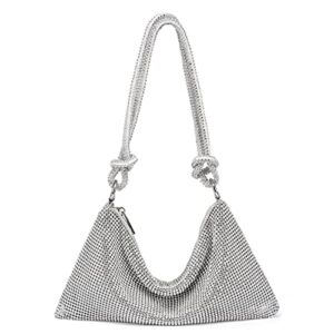 rhinestone hobo bag for women chic evening handbag shiny, sparkly crystal handbag shoulder bags for travel vacation party proms gifts (silver)