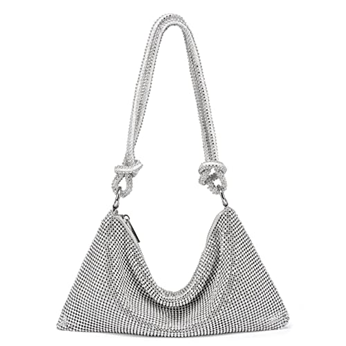 Rhinestone Hobo Bag for Women Chic Evening Handbag Shiny, Sparkly Crystal Handbag Shoulder Bags for Travel Vacation Party Proms Gifts (Silver)