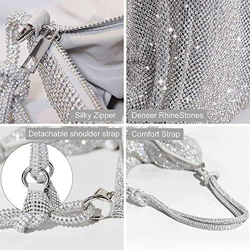 Rhinestone Hobo Bag for Women Chic Evening Handbag Shiny, Sparkly Crystal Handbag Shoulder Bags for Travel Vacation Party Proms Gifts (Silver)