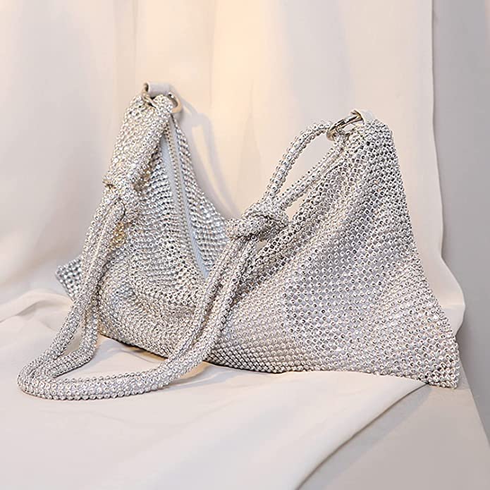 Rhinestone Hobo Bag for Women Chic Evening Handbag Shiny, Sparkly Crystal Handbag Shoulder Bags for Travel Vacation Party Proms Gifts (Silver)