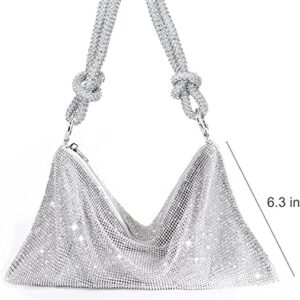 Rhinestone Hobo Bag for Women Chic Evening Handbag Shiny, Sparkly Crystal Handbag Shoulder Bags for Travel Vacation Party Proms Gifts (Silver)