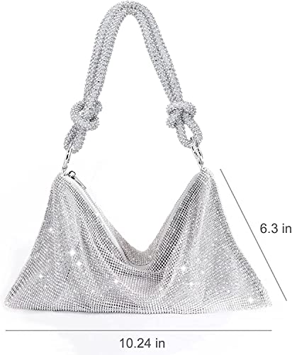 Rhinestone Hobo Bag for Women Chic Evening Handbag Shiny, Sparkly Crystal Handbag Shoulder Bags for Travel Vacation Party Proms Gifts (Silver)