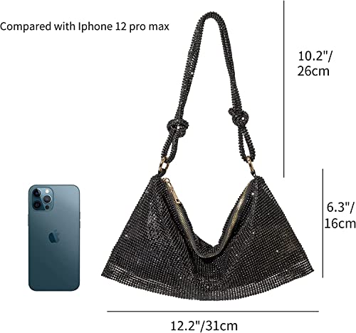 Rhinestone Hobo Bag for Women Chic Evening Handbag Shiny, Sparkly Crystal Handbag Shoulder Bags for Travel Vacation Party Proms Gifts (Black)