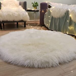 Woolous Round Genuine Sheepskin Rug, Soft Shaggy Area Rug, Home Decorative Rug, Circular Bedroom Fluffy Rug, 3x3 ft