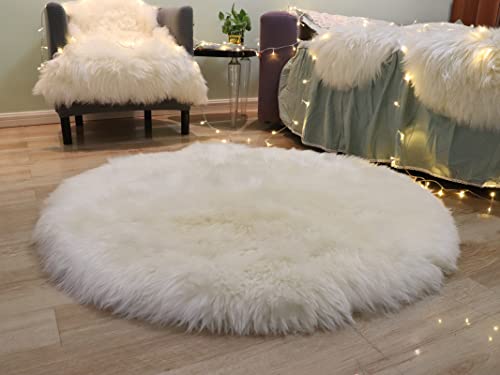 Woolous Round Genuine Sheepskin Rug, Soft Shaggy Area Rug, Home Decorative Rug, Circular Bedroom Fluffy Rug, 3x3 ft