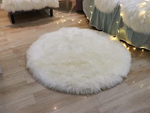 Woolous Round Genuine Sheepskin Rug, Soft Shaggy Area Rug, Home Decorative Rug, Circular Bedroom Fluffy Rug, 3x3 ft