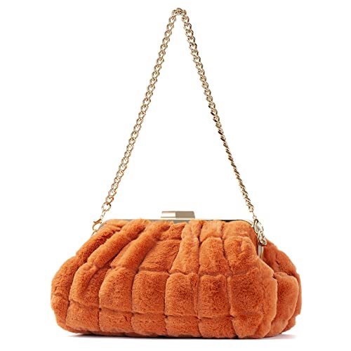 M10M15 Furry Purse Handbag for Women Winter Faux Fur Evening Bag Super Warm Purse Large Size Light weight for Party Orange