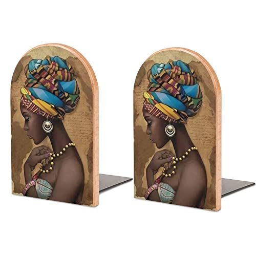 Hon-Lally Afro African American Woman Pattern Wood Bookends Decorative Bookend Non-Skid Office Book Stand for Books Office Files Magazine, One Size