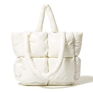 women large quilted puffer tote bag soft padded down winter handbag space totes puffer shoulder bag nylon pillow shopper bag white