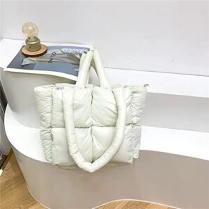 Women Large Quilted Puffer Tote Bag Soft Padded Down Winter Handbag Space Totes Puffer Shoulder Bag Nylon Pillow Shopper Bag White