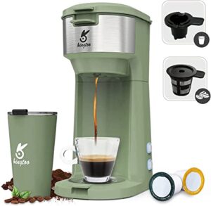 coffee maker, single serve coffee maker compatible with k-cup pod & ground coffee, kingtoo thermal drip instant coffee machine with self cleaning function, brew strength control (red) (green with travel cup)