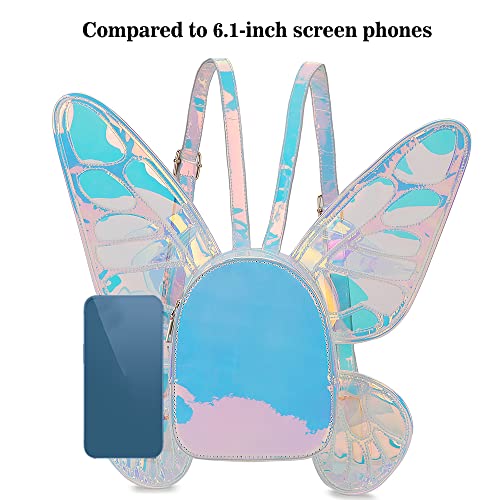 ENJOININ Women's Laser Holographic Backpack Butterfly Angel Wings Casual Daypack Shoulder Bag (Laser Light Blue)