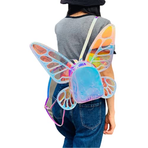 ENJOININ Women's Laser Holographic Backpack Butterfly Angel Wings Casual Daypack Shoulder Bag (Laser Light Blue)