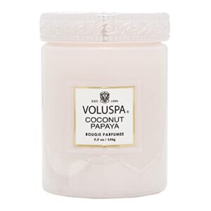 voluspa coconut papaya candle | small glass jar | 5.5 oz. | 50 hour burn time | hand-poured coconut wax + all natural wicks for a clean burn | vegan | poured in the usa