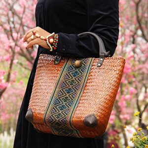 QTKJ Beach Bag for Women, Summer Straw Handmade Rattan Tote Bag, Round Wooden Handle, Boho Retro Straw Woven Handbag, Large Beach Vacation Bag (Yellow)