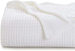 white waffle weave soft lightweight queen size bed blanket, 90x90in – 100% cotton, travel blanket, throw blanket for sofa, bed, couch