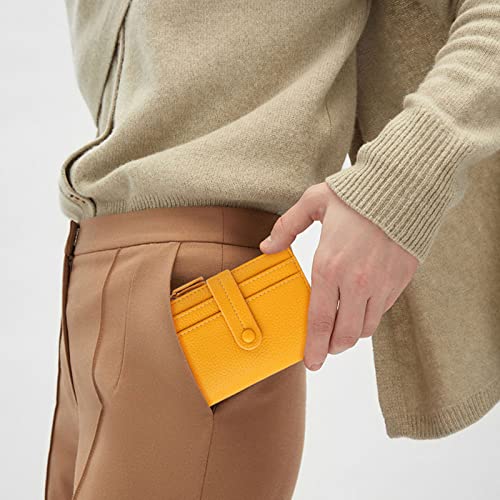 HKCLUF Small Wallet for Women,Genuine Leather Minimalist Bifold Wallets Ladies Credit Card Holder Coin Purse Mini Wallet With ID Window (Yellow)