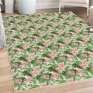 lunarable floral decorative area rug, exotic pattern tropical palm leaves flowers hawaii inspired jungle illustration, quality carpet for bedroom dorm living room, 4′ x 5′ 5″, pine cream pink