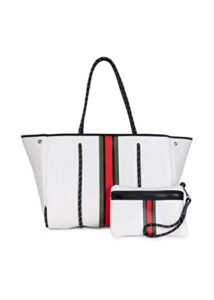 haute shore – greyson trento neoprene tote bag w/zipper wristlet inside, white coated w/red, black & green stripe