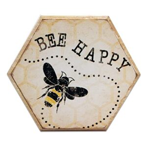 tstarer rustic bee wood hexagon box sign for wall & tabletop – bee-happy -6.4 x 5.5 in(bee happy)