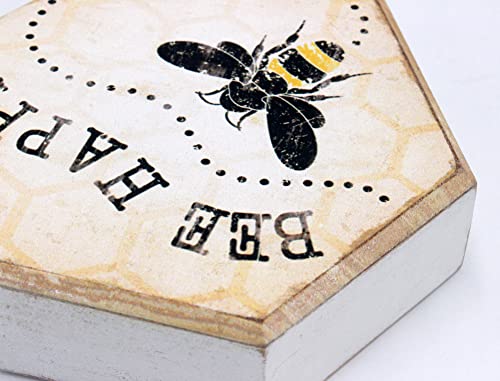 Tstarer Rustic Bee Wood Hexagon Box Sign for Wall & Tabletop - Bee-Happy -6.4 x 5.5 in(BEE HAPPY)