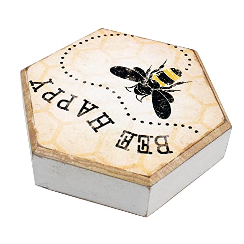 Tstarer Rustic Bee Wood Hexagon Box Sign for Wall & Tabletop - Bee-Happy -6.4 x 5.5 in(BEE HAPPY)