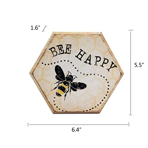 Tstarer Rustic Bee Wood Hexagon Box Sign for Wall & Tabletop - Bee-Happy -6.4 x 5.5 in(BEE HAPPY)