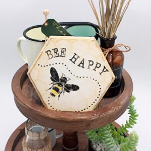 Tstarer Rustic Bee Wood Hexagon Box Sign for Wall & Tabletop - Bee-Happy -6.4 x 5.5 in(BEE HAPPY)