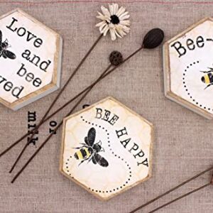 Tstarer Rustic Bee Wood Hexagon Box Sign for Wall & Tabletop - Bee-Happy -6.4 x 5.5 in(BEE HAPPY)