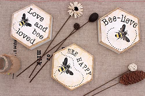 Tstarer Rustic Bee Wood Hexagon Box Sign for Wall & Tabletop - Bee-Happy -6.4 x 5.5 in(BEE HAPPY)