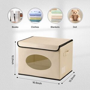 Furnhome Large Fabric Storage Bin with Lids, Foldable Storage Bins for Clothes with Clear Window-Stackable Clothes Storage Bins with Label for Closet Shelves Nursery Bedroom.(Begie, 3 Pack)