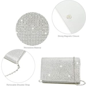 YIKOEE Rhinestone Clutch Purses for Women Glitter Evening Bag with Chain Strap (Silver)