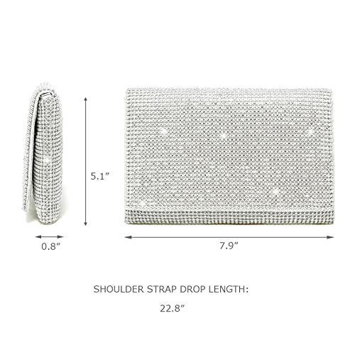 YIKOEE Rhinestone Clutch Purses for Women Glitter Evening Bag with Chain Strap (Silver)