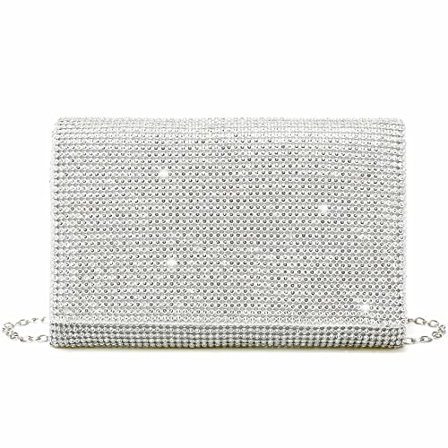 YIKOEE Rhinestone Clutch Purses for Women Glitter Evening Bag with Chain Strap (Silver)