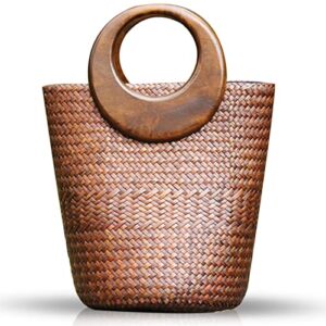 qtkj straw bag, beach bag for women, handmade rattan handbag, boho retro woven tote bag round wooden handle, summer bag for beach vacation daily