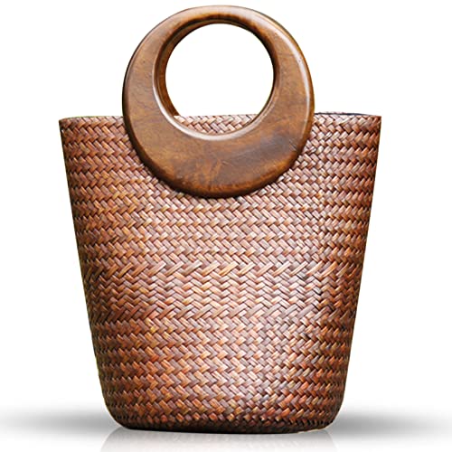 QTKJ Straw Bag, Beach Bag for Women, Handmade Rattan Handbag, Boho Retro Woven Tote Bag Round Wooden Handle, Summer Bag for Beach Vacation Daily