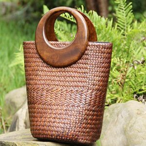 QTKJ Straw Bag, Beach Bag for Women, Handmade Rattan Handbag, Boho Retro Woven Tote Bag Round Wooden Handle, Summer Bag for Beach Vacation Daily