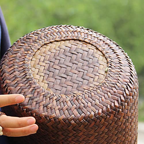 QTKJ Straw Bag, Beach Bag for Women, Handmade Rattan Handbag, Boho Retro Woven Tote Bag Round Wooden Handle, Summer Bag for Beach Vacation Daily