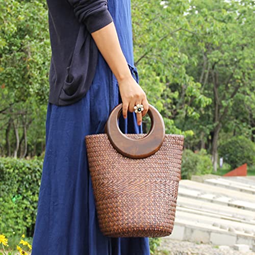 QTKJ Straw Bag, Beach Bag for Women, Handmade Rattan Handbag, Boho Retro Woven Tote Bag Round Wooden Handle, Summer Bag for Beach Vacation Daily