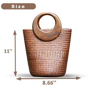 QTKJ Straw Bag, Beach Bag for Women, Handmade Rattan Handbag, Boho Retro Woven Tote Bag Round Wooden Handle, Summer Bag for Beach Vacation Daily