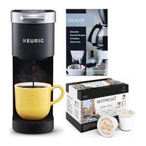 keurig k-mini single-serve coffee maker (black) bundle with acid-based coffee and espresso machine descaling powder and 12-count single-serve k-cup italian roast coffee (3 items)