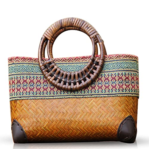 QTKJ Straw Bag, Beach Bag for Women, Handmade Rattan Handbag, Boho Retro Woven Tote Bag Round Bamboo Handle, Summer Bag for Beach Vacation Daily