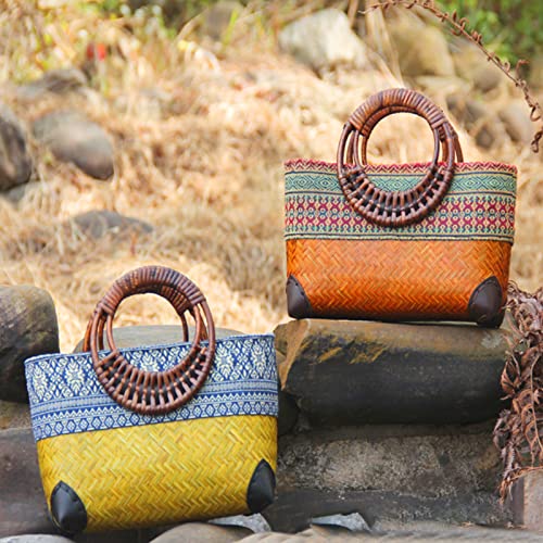 QTKJ Straw Bag, Beach Bag for Women, Handmade Rattan Handbag, Boho Retro Woven Tote Bag Round Bamboo Handle, Summer Bag for Beach Vacation Daily