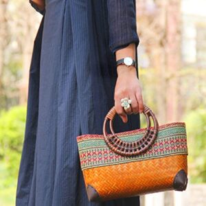 QTKJ Straw Bag, Beach Bag for Women, Handmade Rattan Handbag, Boho Retro Woven Tote Bag Round Bamboo Handle, Summer Bag for Beach Vacation Daily