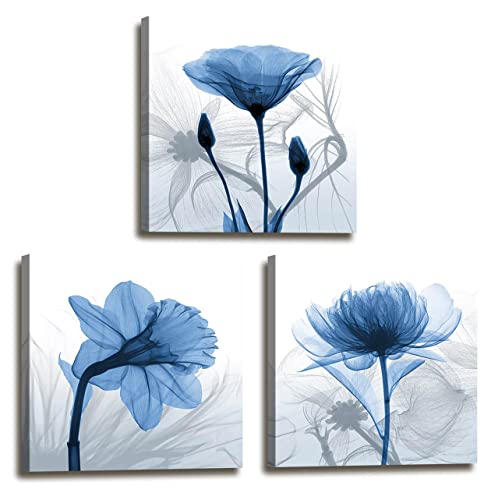 Wall Art for Living Room Wall Decor - 4 Panels Blue Elegant Tulip Flower Canvas Print Wall Art Painting Pictures for Bedroom Dining Room Bathroom Decor Modern Framed Artwork for Home Size: 12"X12"X4