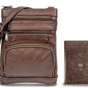 Genuine Leather Cross Body Handbag - Women Messenger Bag with Passport and Vaccine Card Holder (Coffee)